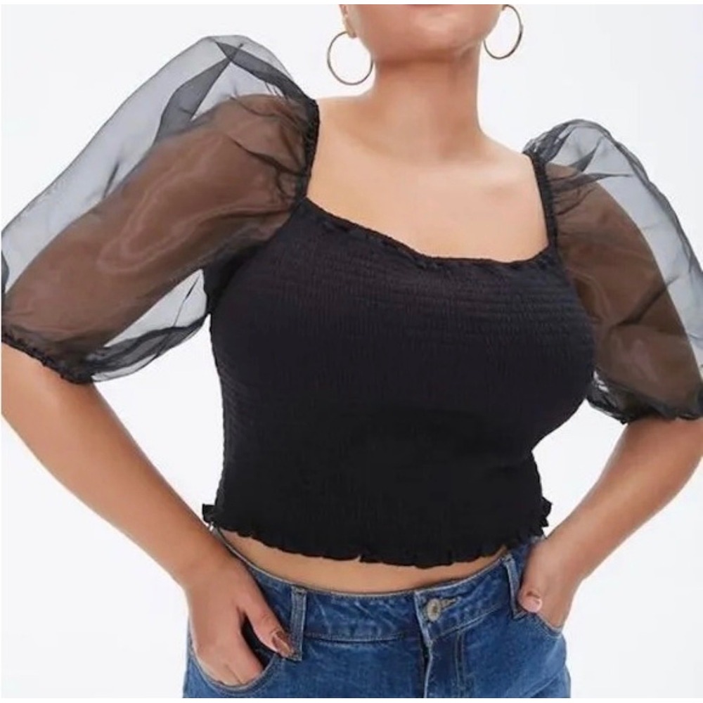 Forever 21 Black Smocked Sheer Puff Sleeve Square Neck Crop Top 2X Plus Size
